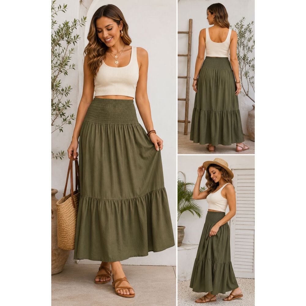 NWT Army Green Tiered Maxi Skirt Large Smocked Waist Boho Olive Flowy